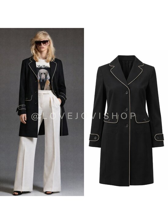 LOFT Jackets & Blazers - Elevated Minimalist | Black Knee-Length Trench w Off White Piping Trim | by Loft